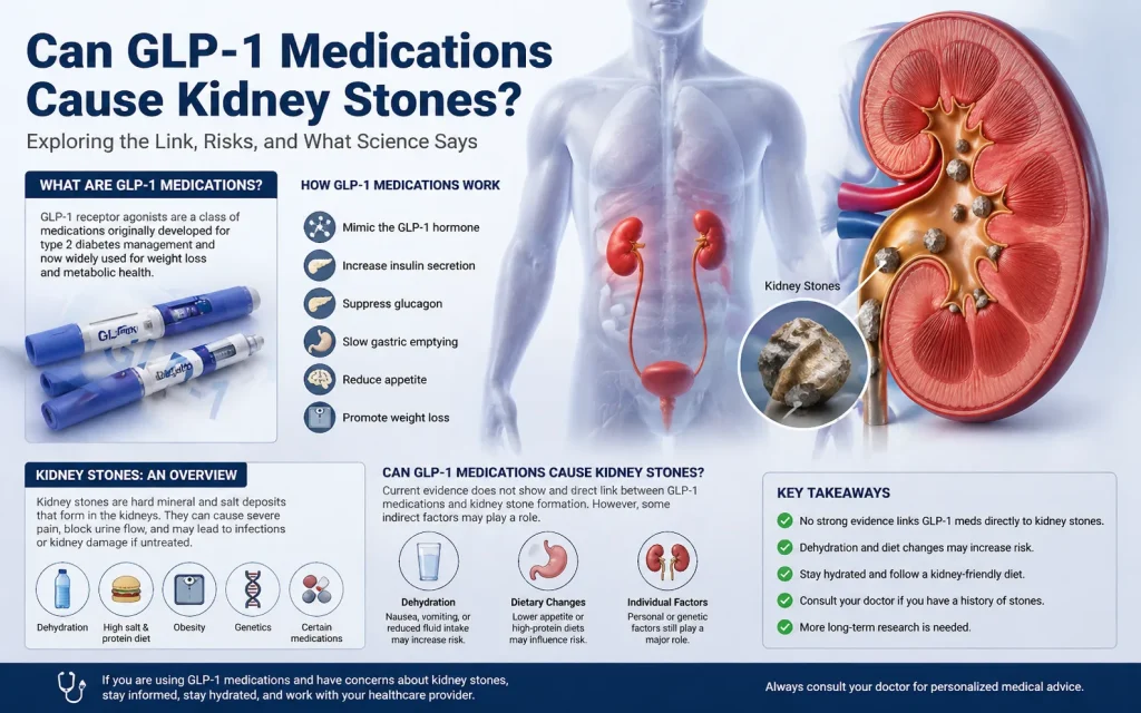 GLP-1 Medications and Kidney Stones: Kidney Anatomy and Risk Factors Infographic" Medical infographic showing a detailed cross-section of a kidney with multiple kidney stones, GLP-1 medication pens, urinary tract illustration, and visual cues for hydration and diet risks.