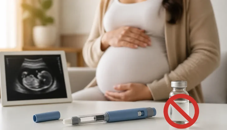 Pregnant woman holding her belly with GLP-1 injection pen and ultrasound in the background, highlighting medication safety during pregnancy.