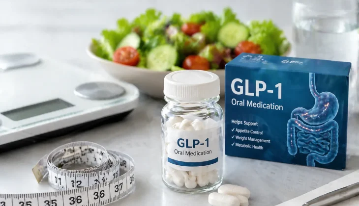 A clear GLP-1 pill bottle and box on a marble countertop, surrounded by a measuring tape, digital scale, fresh salad, and glass of water, representing weight and blood sugar management.