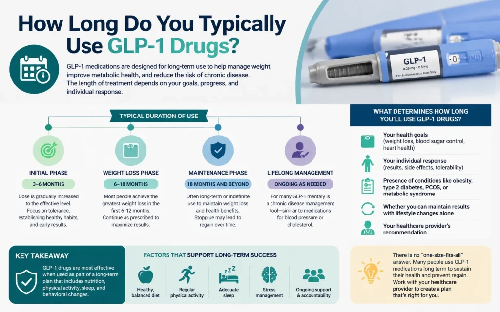 A professional 16:10 infographic illustrating the typical phases of GLP‑1 drug use: Initial Phase (3–6 months), Weight Loss Phase (6–18 months), Maintenance Phase (18 months and beyond), and Lifelong Management. Includes icons and text highlighting factors that influence treatment duration, such as health goals, individual response, medical conditions, lifestyle habits, and healthcare guidance. Additional section shows key strategies for long-term success like balanced diet, exercise, sleep, stress management, and ongoing support.