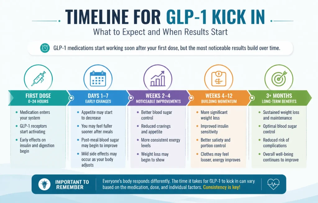 Professional landscape infographic showing the timeline of GLP-1 medication effects, from first dose to 3+ months, including appetite, blood sugar, weight management, and energy improvement indicators.