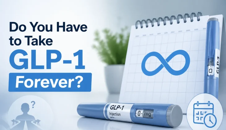 A modern medical infographic showing a GLP-1 injection pen, a calendar, and an infinity symbol, with text asking “Do You Have to Take GLP-1 Forever?” representing questions about long-term use of GLP-1 medications for weight management and diabetes.