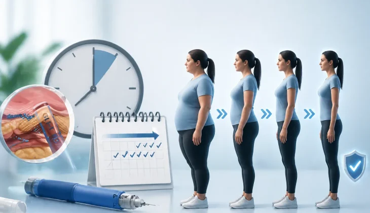 Photorealistic 3D illustration showing a GLP-1 injection pen, a calendar, a clock, and a woman’s body transforming over time to represent how GLP-1 medications kick in and take effect.