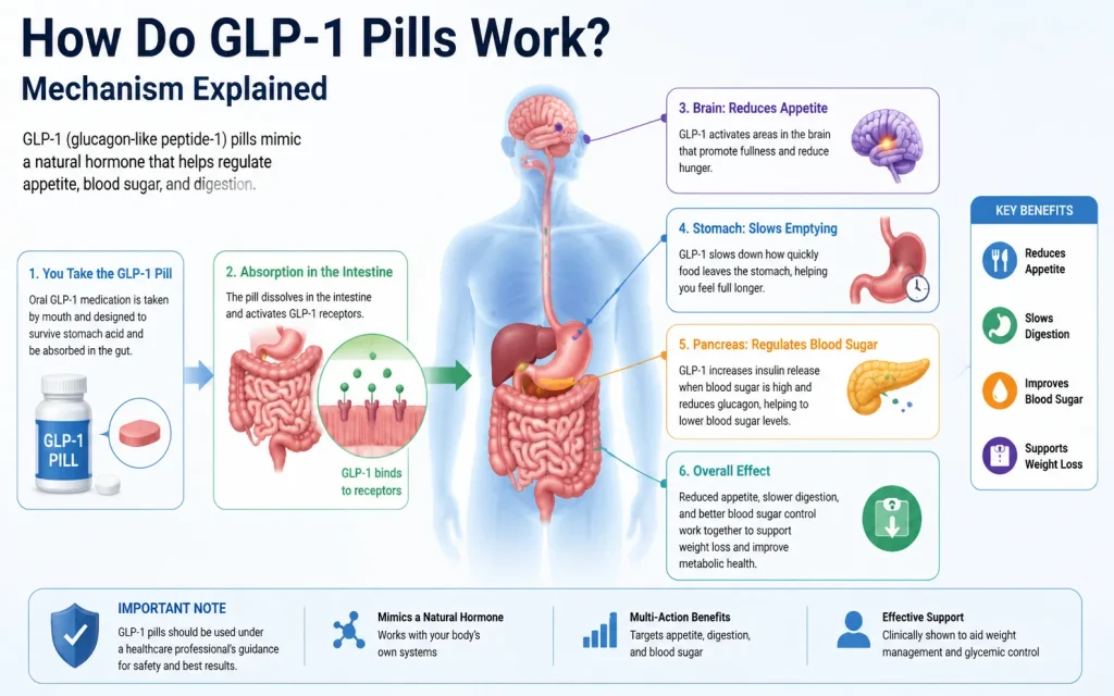 How GLP-1 Pills Work – Mechanism Explained Medical infographic showing the mechanism of GLP-1 pills, including absorption in the intestine, action on the pancreas to regulate blood sugar, slowed stomach emptying, and appetite reduction in the brain, highlighting overall metabolic and weight management benefits.