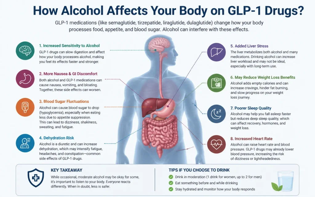 How Alcohol Affects Your Body on GLP-1 Medications Infographic showing the effects of alcohol on the body while taking GLP-1 medications, including nausea, blood sugar fluctuations, dehydration, liver stress, and reduced weight loss benefits, with tips for safe drinking.