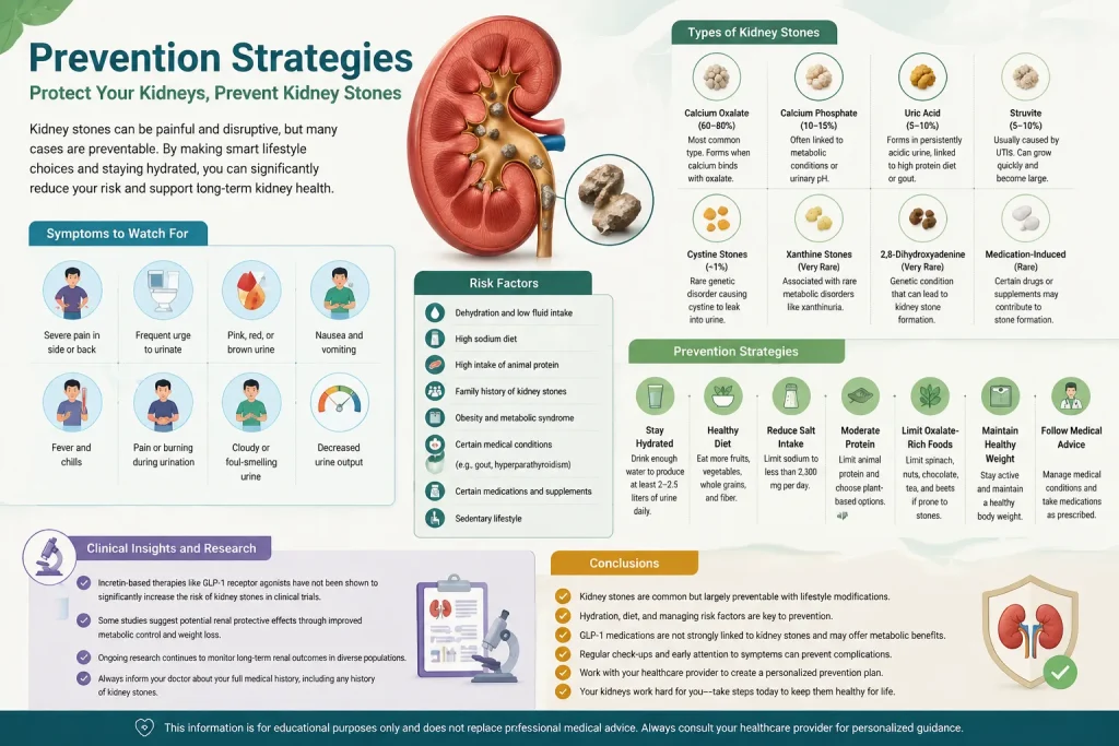 GLP-1 Medications and Kidney Stones: Kidney Anatomy and Risk Factors Infographic Educational infographic on kidney stone prevention showing a detailed kidney illustration, types of stones, symptoms, risk factors, prevention strategies, and clinical insights in a landscape format.