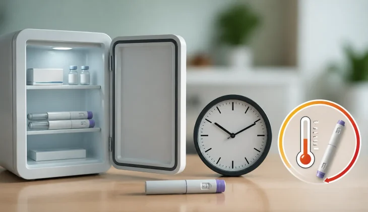 GLP-1 medication pen, half inside a small fridge and one on a table with a clock and temperature icon, illustrating safe vs unsafe storage.