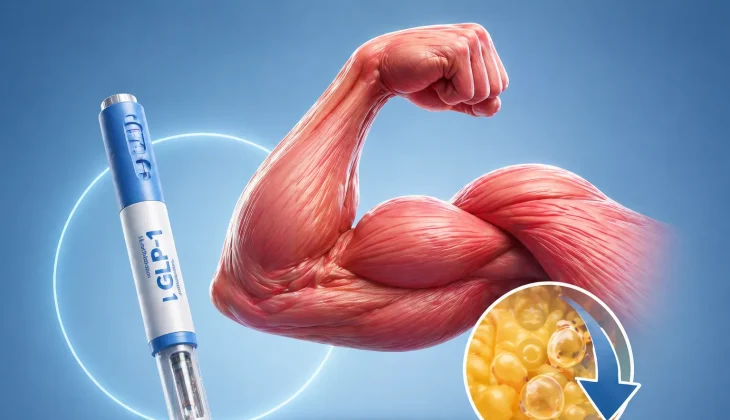 A medical illustration showing a muscular arm flexing next to a GLP‑1 injector pen. A circular inset highlights fat cells with a downward arrow, symbolizing fat reduction while emphasizing muscle preservation. The image conveys the concept of GLP‑1 therapy supporting fat loss while maintaining lean muscle.