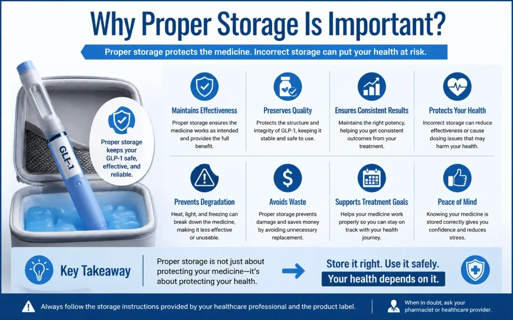 Professional infographic showing proper storage of GLP-1 medication, including fridge, room temperature limits, temperature icons, sunlight protection, and safe vs unsafe handling.