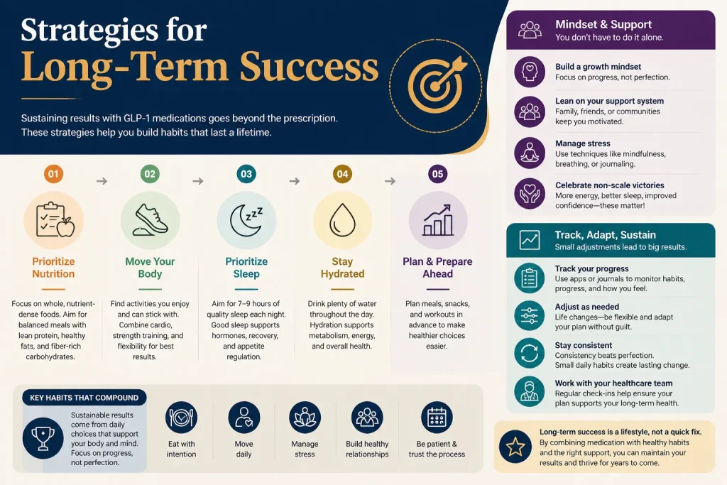 A professional 16:10 infographic illustrating strategies for long-term success with GLP‑1 medications. The image shows five main steps in a rearranged sequence: Prioritize Nutrition, Move Your Body, Prioritize Sleep, Stay Hydrated, and Plan & Prepare Ahead. Additional sections highlight mindset and support, tracking and adaptation, and key habits for compounding results. Icons and text emphasize sustainable lifestyle habits such as regular exercise, stress management, healthy eating, adequate sleep, and ongoing support to maintain long-term health and medication benefits.