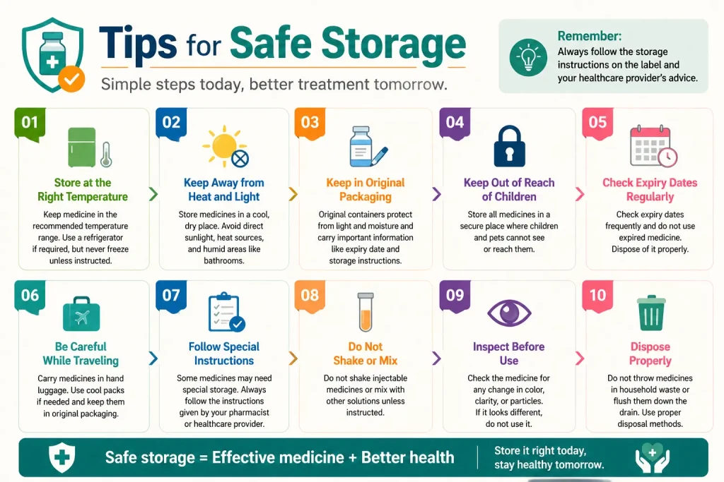 Professional infographic showing 10 tips for safely storing GLP-1 medications, including fridge use, travel precautions, avoiding sunlight, handling, and proper disposal.