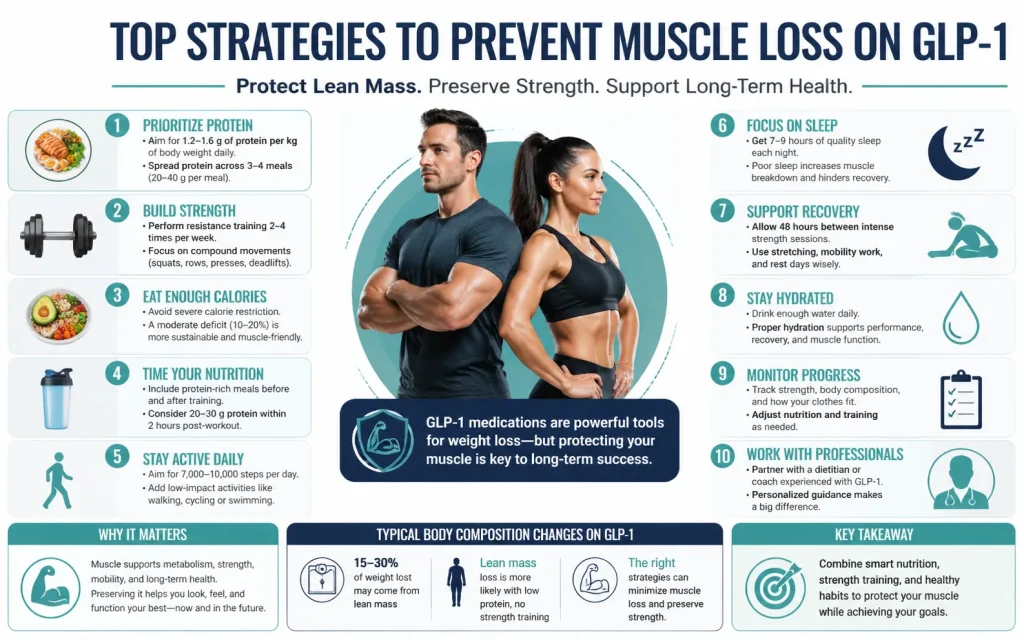Top Strategies to Prevent Muscle Loss on GLP‑1 Medications A professional 16:10 infographic illustrating key strategies to prevent muscle loss during GLP‑1 therapy. The design shows ten actionable tips including prioritizing protein, performing resistance training, eating enough calories, timing nutrition, staying active, focusing on sleep, supporting recovery, staying hydrated, monitoring progress, and working with professionals. The infographic uses bright, modern colors with clear icons and panels, emphasizing practical steps for preserving lean mass while supporting long-term health.