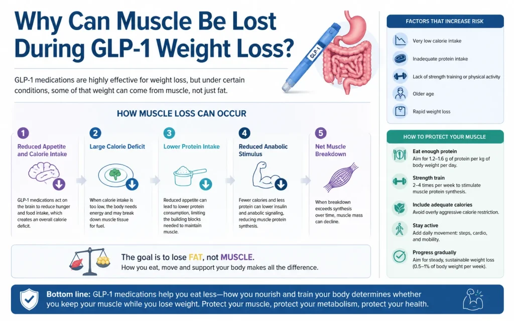 Why Muscle Can Be Lost During GLP‑1 Weight Loss Infographic explaining why muscle loss can occur during GLP‑1 weight loss. It shows five steps: reduced appetite and calorie intake, large calorie deficit, lower protein intake, reduced anabolic stimulus, and net muscle breakdown. Side panels list risk factors (very low calorie intake, inadequate protein, lack of strength training, older age, rapid weight loss) and tips to protect muscle (eat enough protein, strength train, include adequate calories, stay active, progress gradually). Visuals include icons for each step, a GLP‑1 injection, a digestive system illustration, and a scale balancing fat and muscle.