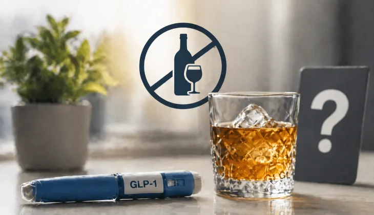 "Close-up of a GLP-1 medication pen next to a glass of alcohol with a subtle no-alcohol symbol, on a minimalist tabletop."
