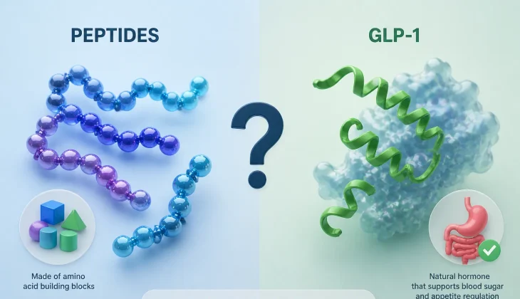 Side-by-side 3D infographic showing colorful peptide chains on the left labeled 'Peptides' and a green GLP-1 molecule on the right labeled 'GLP-1', separated by a question mark to highlight they are not the same.