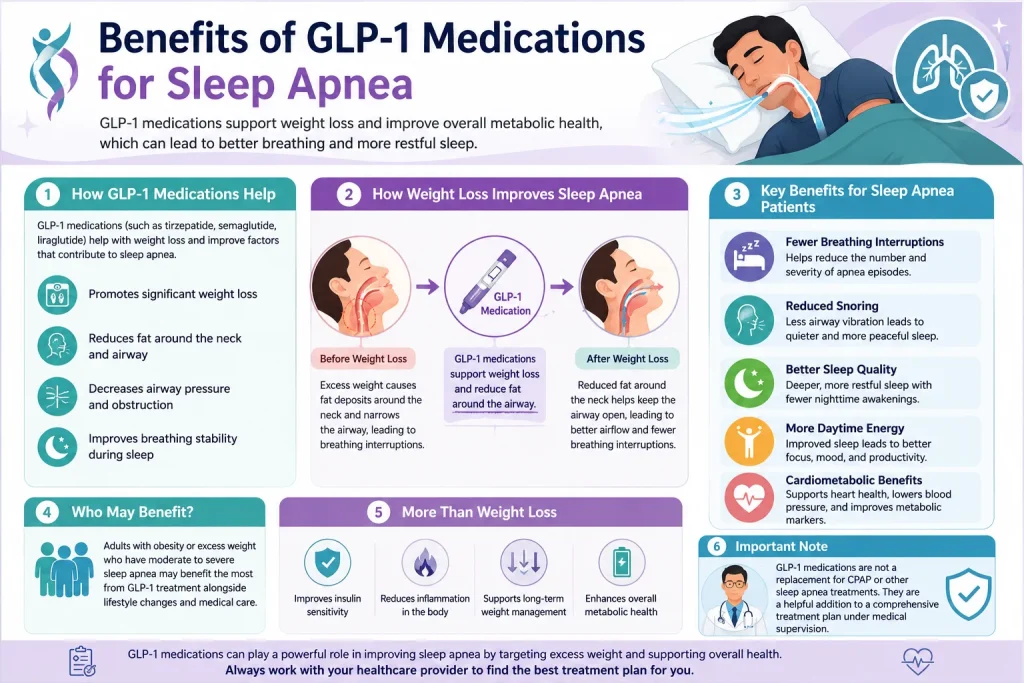 Colorful medical infographic explaining the benefits of GLP-1 medications for sleep apnea, including weight loss, improved breathing, and better sleep quality.