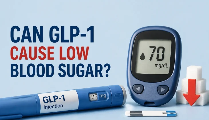 Blood sugar monitoring scene with GLP-1 injection pen, glucose meter showing 70 mg/dL, sugar cubes, and red downward arrow illustrating low blood sugar risk.