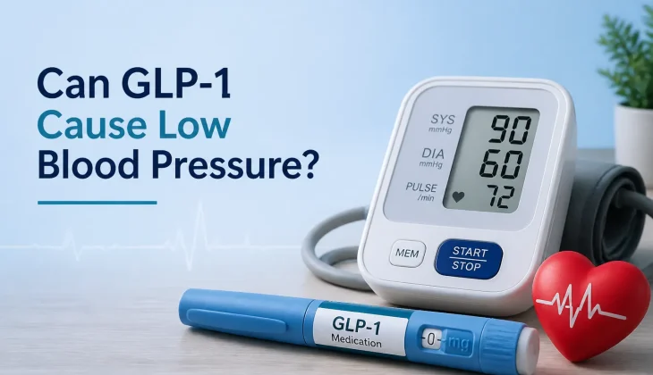 A blood pressure monitor showing low readings next to a GLP-1 injection pen and a heart icon, highlighting the effect of GLP-1 on blood pressure.