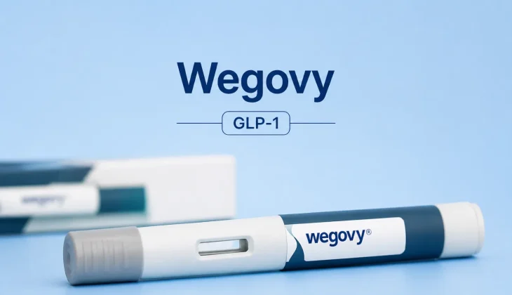 Wegovy GLP-1 injection pen on a clean blue background, highlighting the medication concept