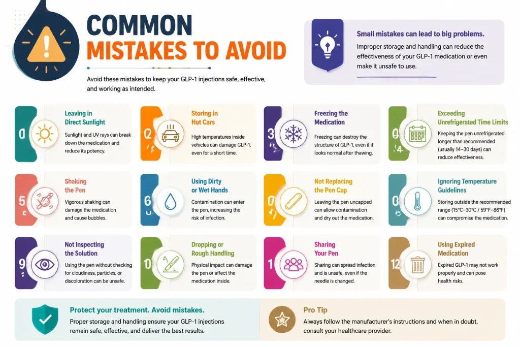 Common Mistakes to Avoid with GLP-1 Storage Landscape infographic showing 12 key mistakes to avoid when handling GLP-1 injections, including exceeding unrefrigerated time limits, freezing, leaving in direct sunlight, ignoring temperature guidelines, and more. Features numbered panels, color-coded sections, icons, and practical tips for safe medication use.