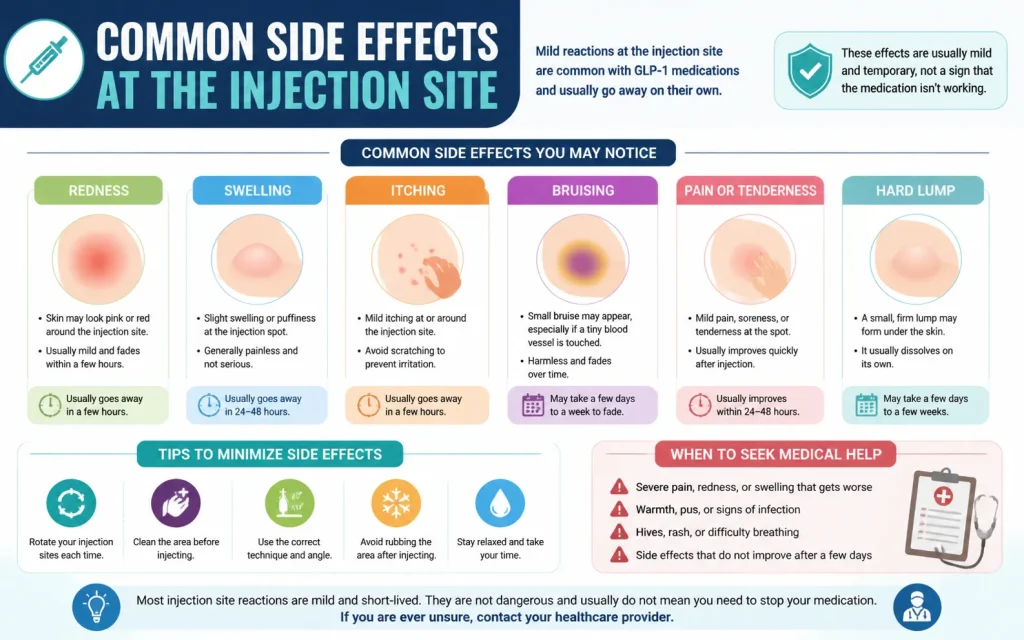 Common Side Effects at GLP‑1 Injection Sites – Infographic Guide Landscape infographic showing common side effects at GLP-1 injection sites, including redness, swelling, itching, bruising, pain, and lumps, with tips to minimize reactions and when to seek medical help.