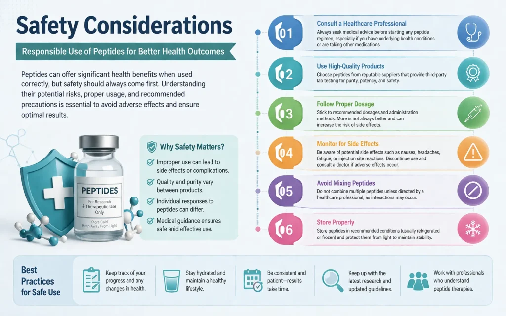 Landscape infographic illustrating safety guidelines for peptides and GLP-1 use. Features a central shield icon with surrounding panels showing key recommendations: consult healthcare professionals, use high-quality products, follow proper dosage, monitor side effects, avoid unapproved sources, and monitor health regularly. Includes general precautions at the bottom with icons.