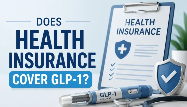 Minimalistic feature image showing GLP-1 injection and health insurance clipboard with text ‘Does Health Insurance Cover GLP-1?