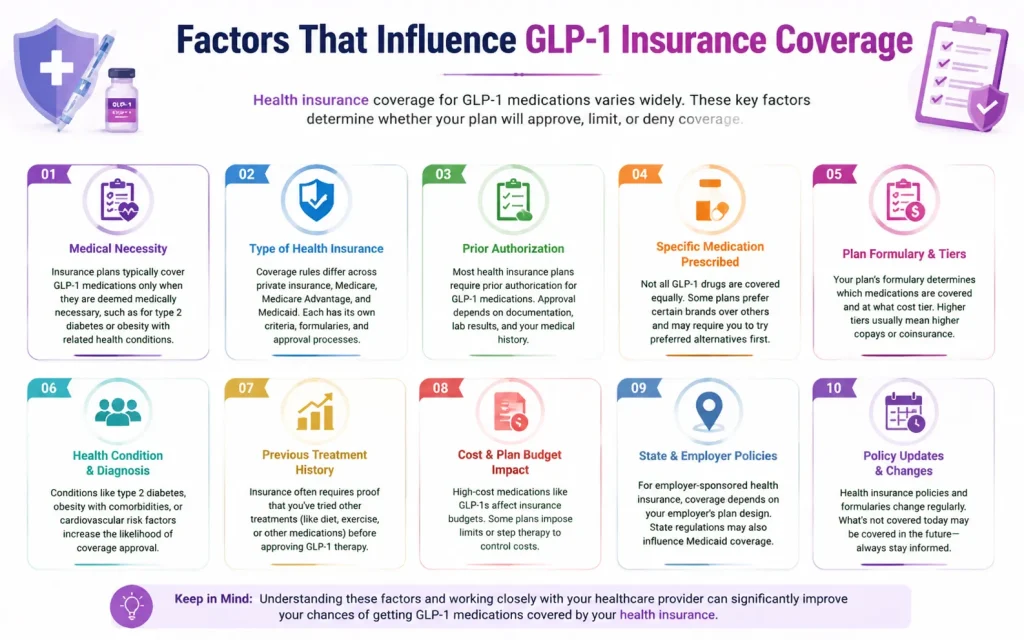 Infographic showing 10 key factors that affect GLP-1 medication coverage by health insurance, including medical necessity, prior authorization, plan formularies, specific medication, health condition, previous treatment history, cost impact, state and employer policies, and policy updates.