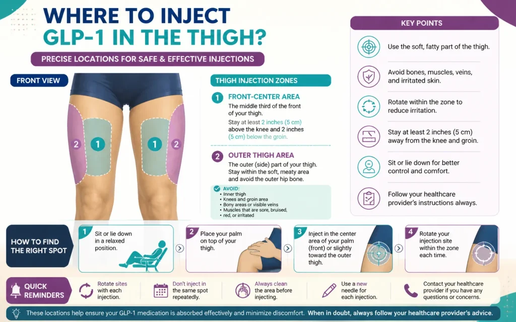Where to Inject GLP‑1 in Thigh – Precise Injection Sites Guide Landscape infographic showing precise GLP-1 injection sites on the front and outer thighs, with color-coded zones, rotation tips, and key safety instructions.
