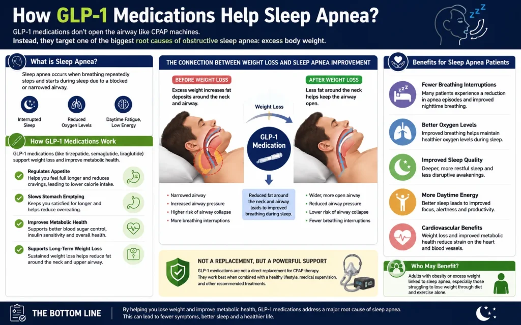Medical infographic showing how GLP-1 medications support weight loss and improve sleep apnea symptoms by reducing airway obstruction.