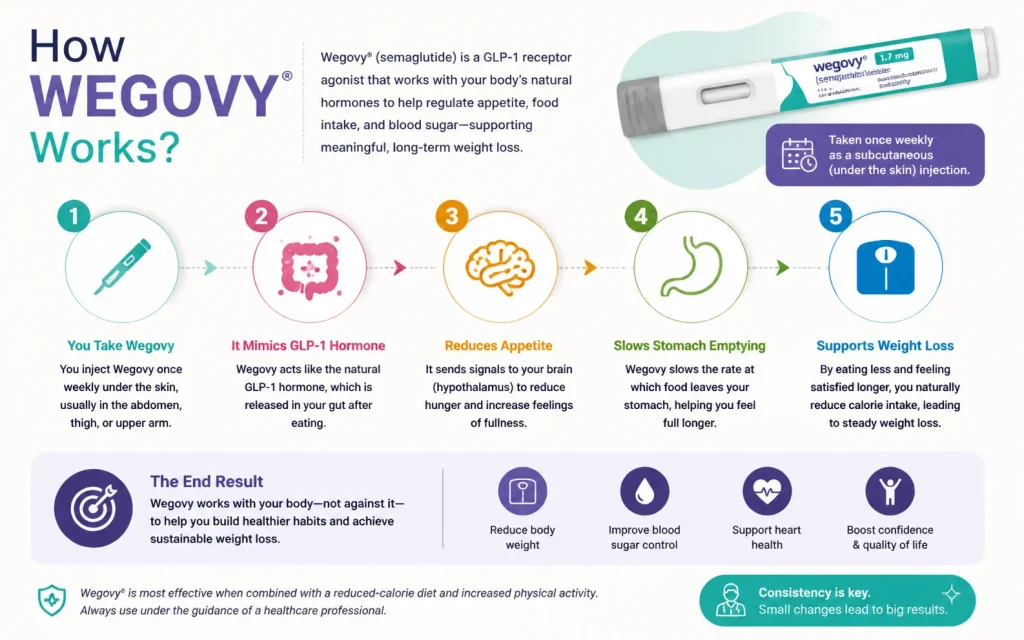 Infographic showing how Wegovy works as a GLP-1 receptor agonist, illustrating appetite suppression, slowed stomach emptying, and weight loss benefits.