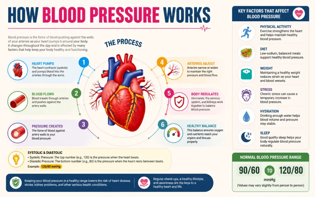 Educational infographic showing how blood pressure works, including heart contraction (systole), blood flow through arteries, pressure creation, artery adjustments, and regulation by hormones and kidneys, with normal BP ranges and key factors affecting blood pressure.