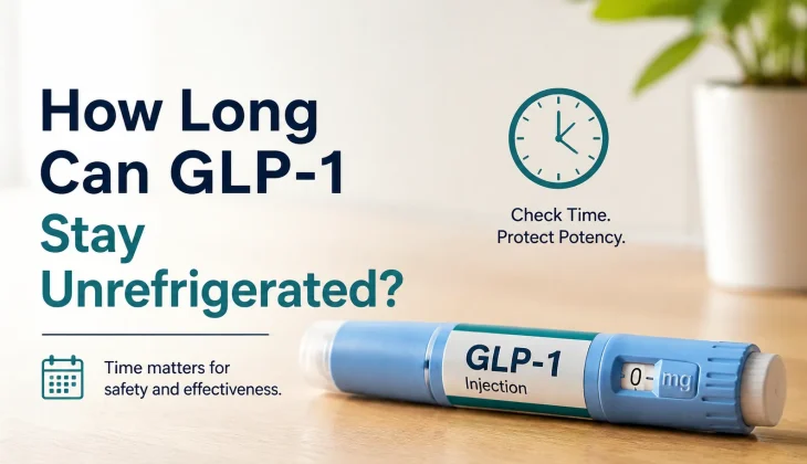 GLP-1 injection pen on a wooden surface with a clock and calendar icons, highlighting how long it can safely stay unrefrigerated