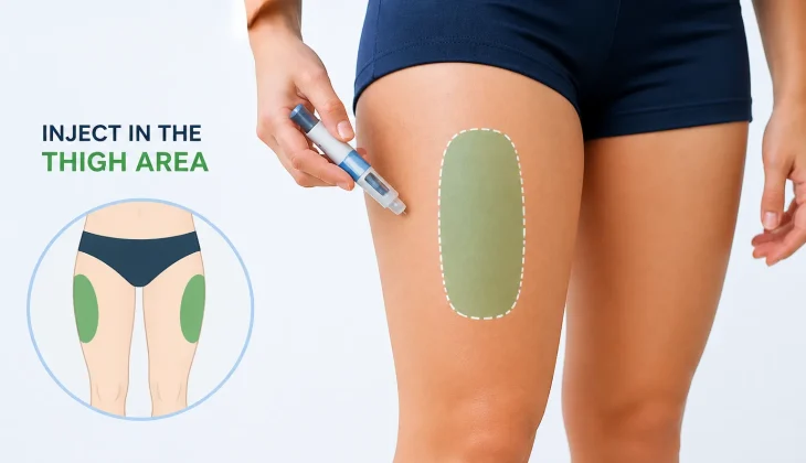 Close-up of a person’s thigh showing proper GLP-1 injection site with a pen device, highlighted area, and inset diagram of both thighs.