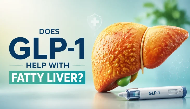 3D illustration of a fatty liver with a GLP-1 injector pen, minimal text 'GLP-1 & Fatty Liver?', clean medical infographic, soft pastel background