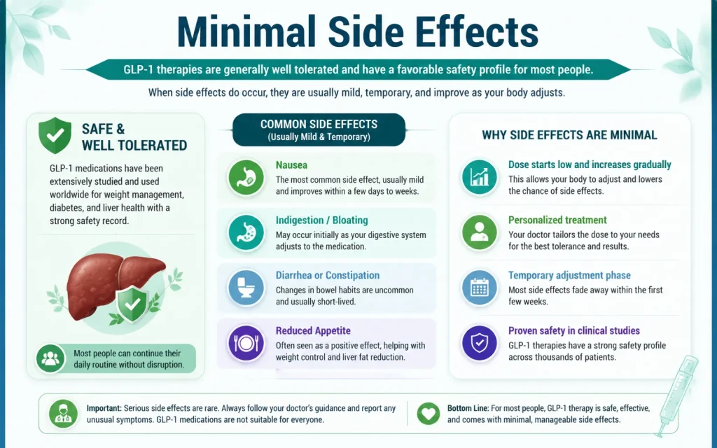 Educational infographic illustrating the minimal side effects of GLP-1 therapy, including nausea, bloating, diarrhea, reduced appetite, and reasons why side effects are usually mild and temporary, in a professional medical landscape layout.