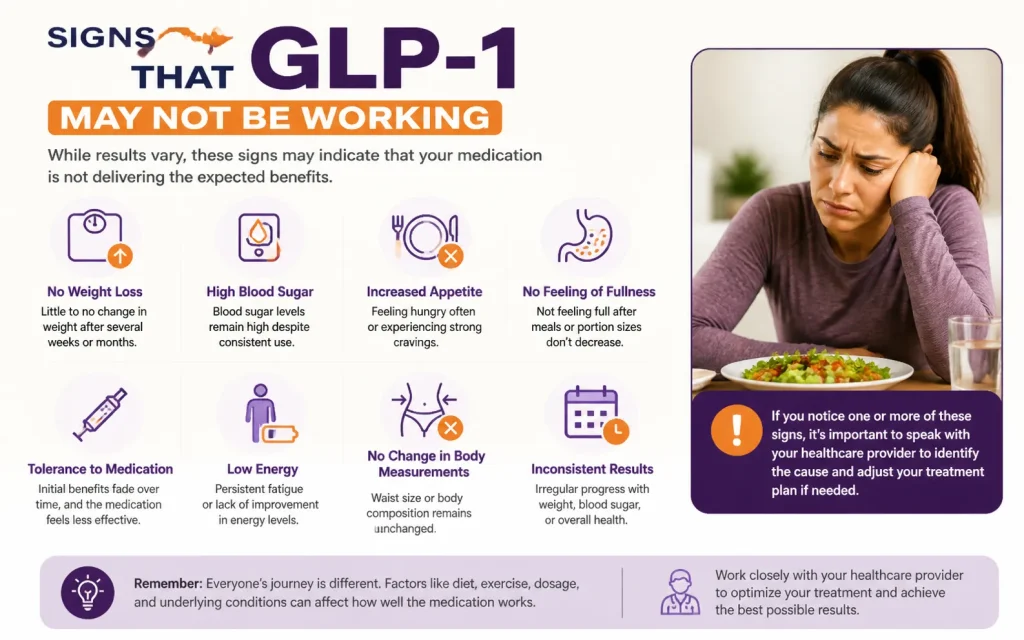 Signs Your GLP-1 Medication May Not Be Working – Infographic Infographic showing signs that GLP-1 medication may not be effective, including no weight loss, high blood sugar, increased appetite, low energy, and inconsistent results, with a person looking concerned while sitting at a table with a plate of food."