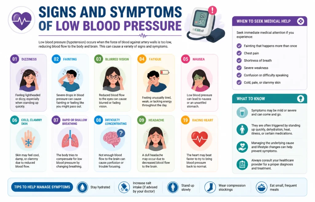 Infographic illustrating the main signs and symptoms of low blood pressure, including dizziness, fainting, blurred vision, fatigue, nausea, cold/clammy skin, rapid/shallow breathing, headache, difficulty concentrating, and racing heart, along with tips for managing symptoms.