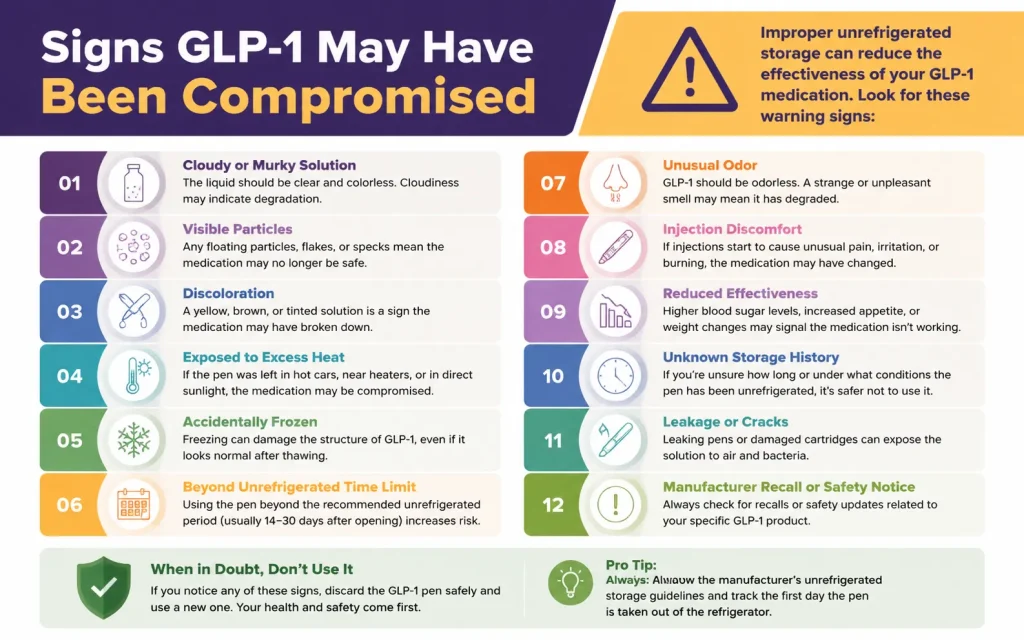 Signs GLP-1 May Have Been Compromised Due to Unrefrigerated Storage Landscape infographic showing 12 key warning signs that GLP-1 medication may be compromised from improper or unrefrigerated storage. Includes indicators like cloudy solution, particles, unusual odor, reduced effectiveness, freezer damage, and pen leakage, with color-coded icons and practical tips for safe handling.