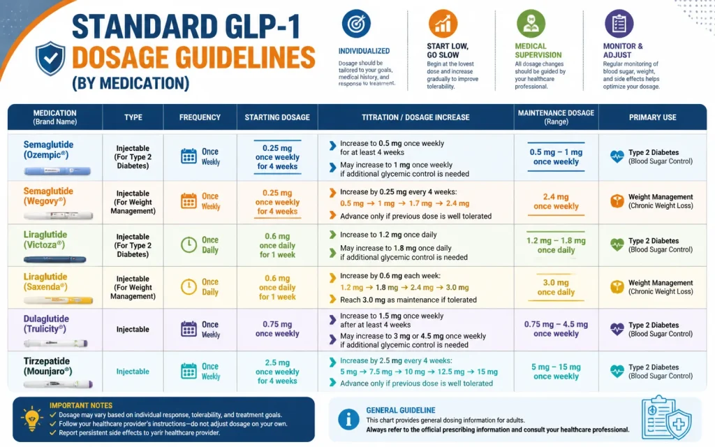 Landscape infographic showing GLP-1 dosage guidelines for Semaglutide, Liraglutide, Dulaglutide, and Tirzepatide, including starting doses, titration schedules, maintenance dosage, frequency, and primary use for diabetes or weight management.