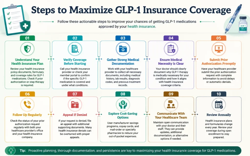 Steps to Maximize GLP-1 Health Insurance Coverage – Infographic Infographic showing 10 steps to maximize GLP-1 medication coverage through health insurance, including tips like understanding your plan, verifying coverage, gathering documentation, submitting prior authorization, following up, appealing denials, exploring cost-saving options, communicating with your healthcare team, and reviewing annually.
