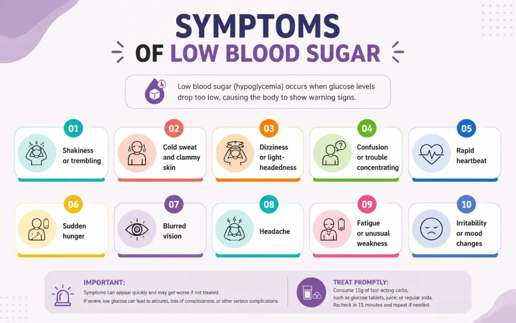 Infographic showing 10 key symptoms of low blood sugar including shakiness, cold sweat, dizziness, confusion, rapid heartbeat, hunger, blurred vision, headache, fatigue, and irritability, with icons and colorful blocks for each symptom, plus tips for prompt treatment.