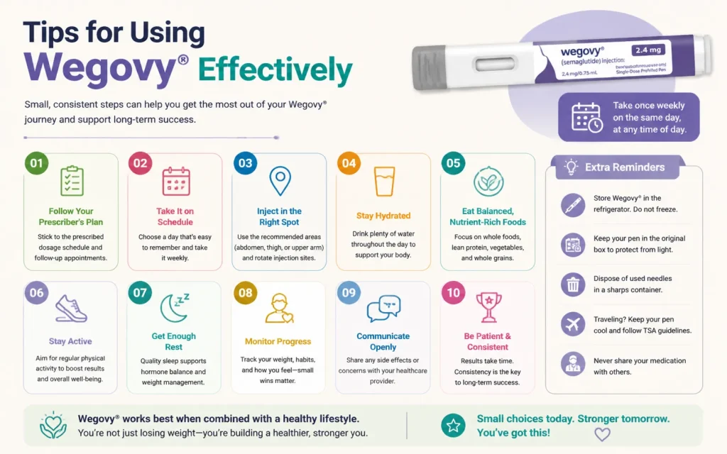 Infographic showing tips for using Wegovy effectively, including weekly injections, diet, exercise, hydration, rotating injection sites, and monitoring progress.