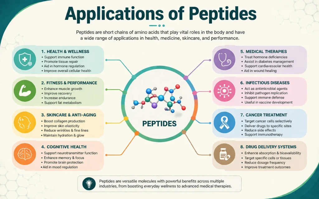 Landscape infographic showing a central molecular illustration of peptides with connected panels highlighting key benefits in muscle growth, skin health, cognitive function, immune support, medical therapies, cancer treatment, drug delivery systems, and infectious disease prevention. Colorful sections with icons represent each application.