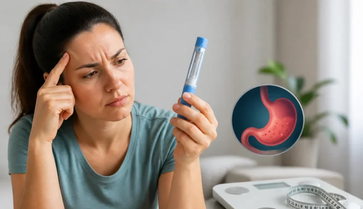 Concerned woman examining a GLP-1 injection, with a digestive system puzzle icon, illustrating medication effectiveness issues.